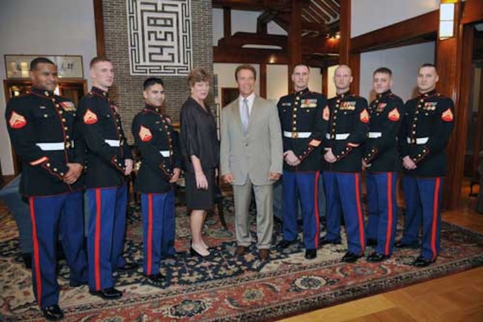 Governor Arnold Schwarzenegger visits members of Marine Corps Security Guard Detachment Seoul, South Korea.