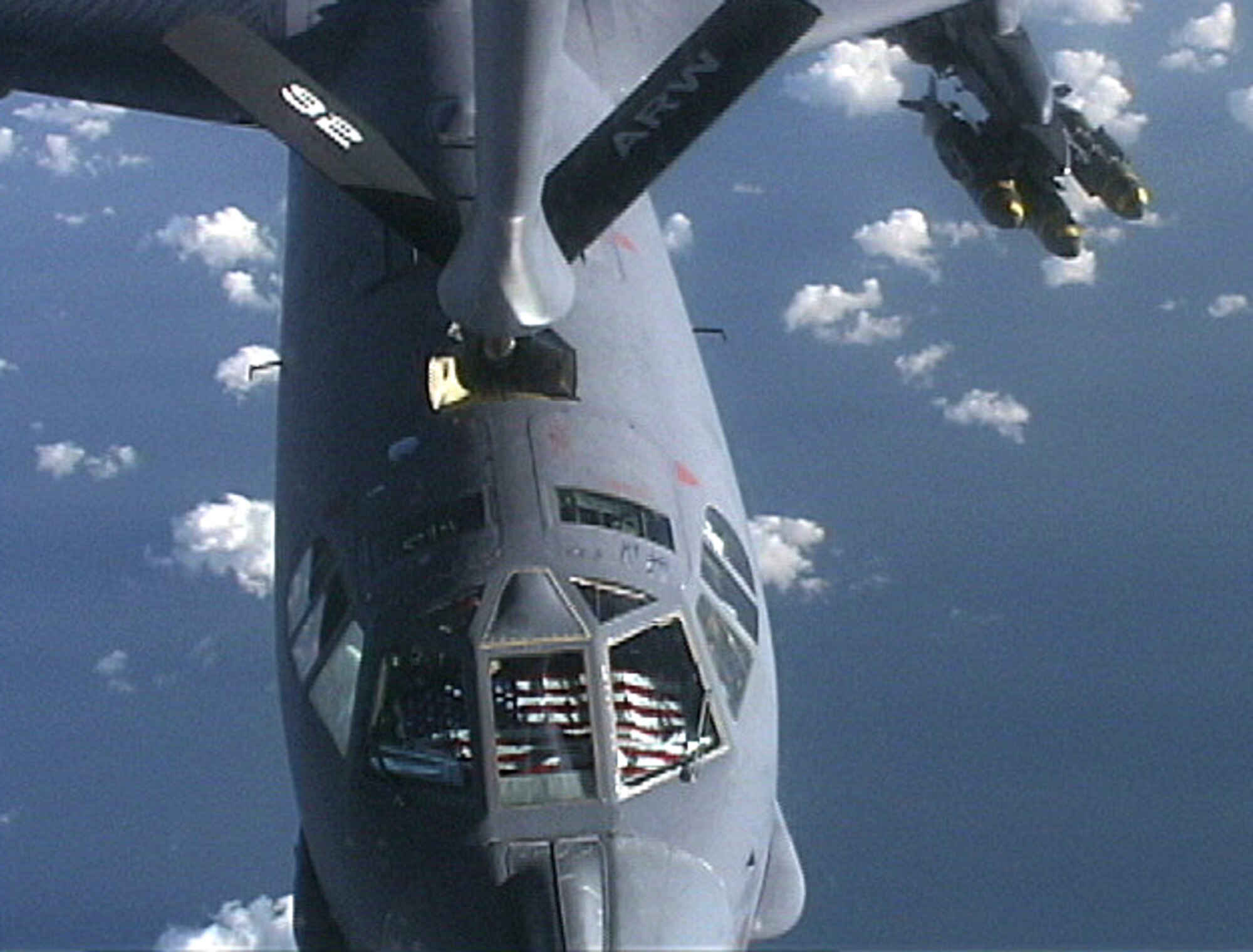 A 92nd Air Refueling Wing KC-135 Stratotanker from the 28th Expeditionary Air Refueling Squadron, refuels a B-52 Stratofortress bomber of the 40th Air Expeditionary Wing for an Operation Iraqi Freedom mission on March 21, 2003. The B-52 took part in the “shock and awe” campaign for Operation Iraqi Freedom. Coalition aircraft flew missions against more than 100 targets in Iraq in efforts to oust Saddam Hussein’s regime. (U.S. Air Force photo/Master Sgt. Timothy Lancaster)