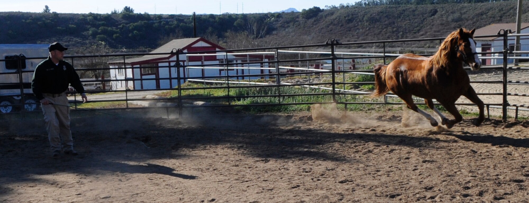 VANDENBERG AIR FORCE BASE, Calif. – Tech. Sgt. Sean Yargus, a 30th Security Forces Squadron conservation officer, and his horse, Gunner, performs a lunging training session here Friday, Jan. 13, 2012. When lunging a horse, the handler can watch him from the ground to monitor his movement, soundness and natural frame. Yargus is the NCO in charge of the only Mounted Horse Patrol unit in the entire Air Force.  (U.S. Air Force photo/Tech. Sgt. Scottie T. McCord)