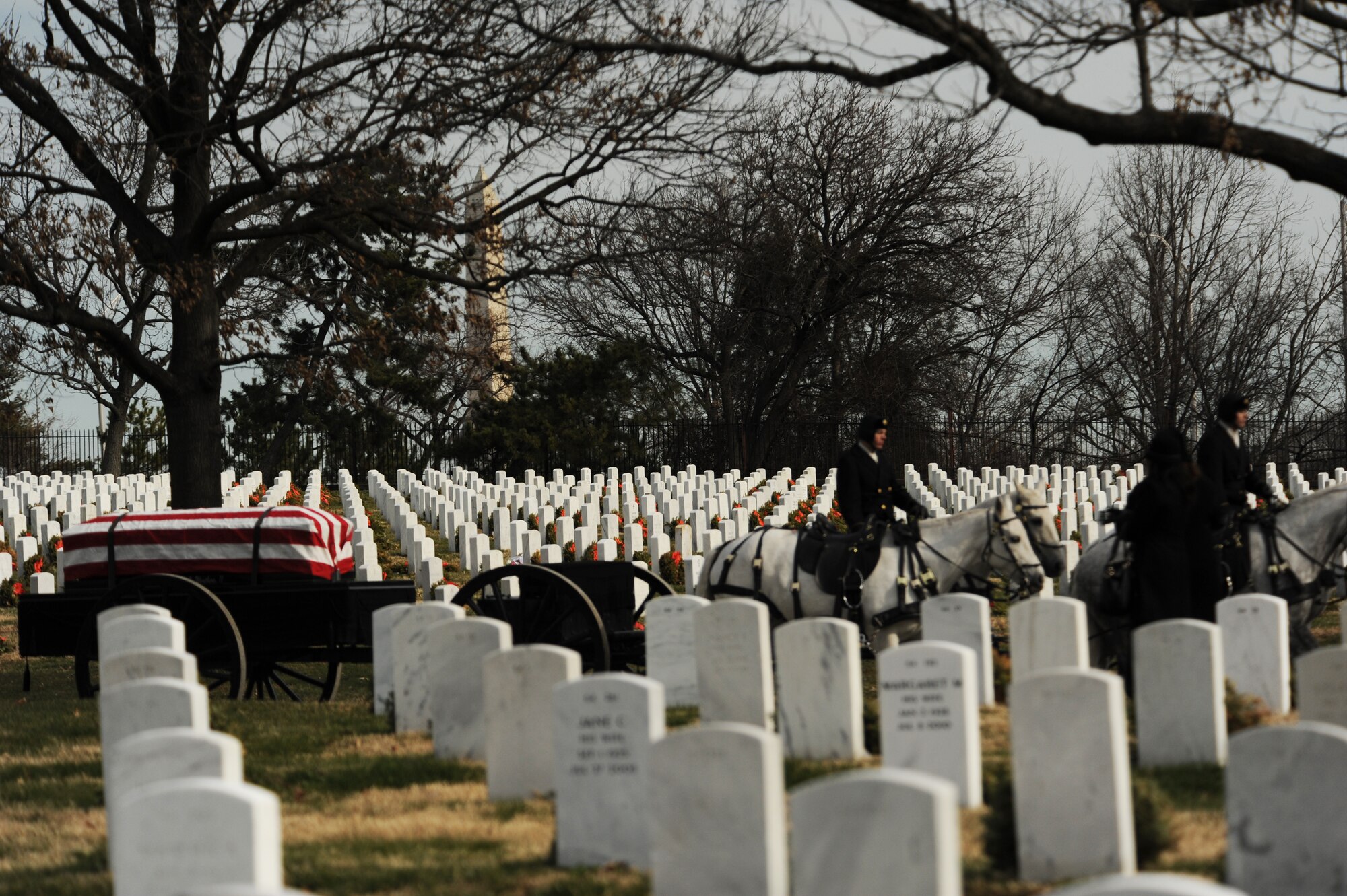 Members of the 3rd U.S. Army Infantry Regiment (The Old Guard) escort the caisson carrying retired Lt. Col. Luke Weathers Jr. during his burial ceremony Jan. 20, 2012, at Arlington National Cemetery, in Virginia. Weathers, an original Tuskegee Airman, was awarded the Distinguished Flying Cross for his heroic actions during World War II. (U.S. Air Force photo/Tech. Sgt. Mareshah Haynes)