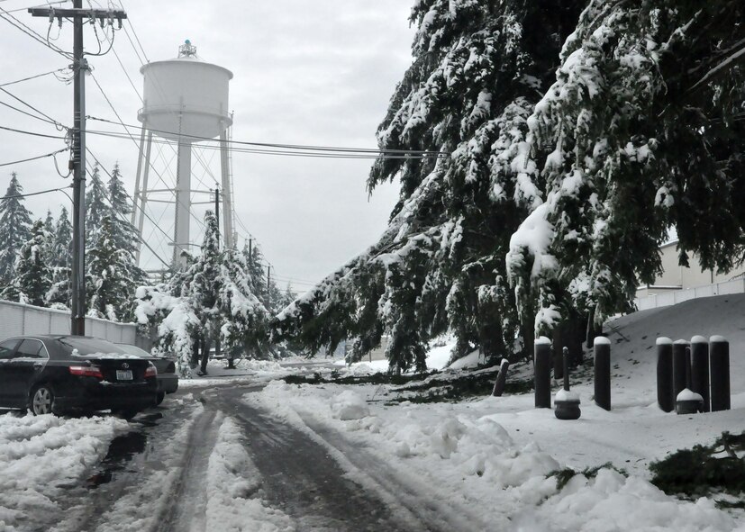 The McChord Field Fitness Center parking lot remains covered in debris following a winter storm which accumulated more than nine inches of snow Jan. 20, 2012, at Joint Base Lewis-McChord, Wash. (U.S. Air Force photo/Airman 1st Class Leah Young)