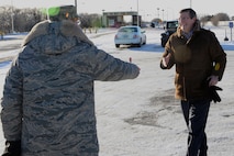 MINOT AIRFORCE BASE, N.D -- Col. Thomas Summers, 91st Missile Wing vice commander, greets North Dakota Sen. Kent Conrad on his arrival here Jan. 19. The senator visited the base to take part in a tour of the 91st MW's newest military construction project, the Missile Operations Building, which was recently unveiled. (U.S. Air Force photo/Senior Airman Desiree W. Esposito)