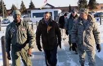 MINOT AIRFORCE BASE, N.D -- Lt. Col. Kelvin Townsend, 91st Operations Support Squadron commander, North Dakota Sen. Kent Conrad and Col. Thomas Summers, 91st Missile Wing vice commander, head toward the 91st MW's  newly unveiled Missile Operations Building here Jan. 19. The senator visited the base to take part in a tour of the 91st MW's newest building. (U.S. Air Force photo/Senior Airman Desiree W. Esposito)