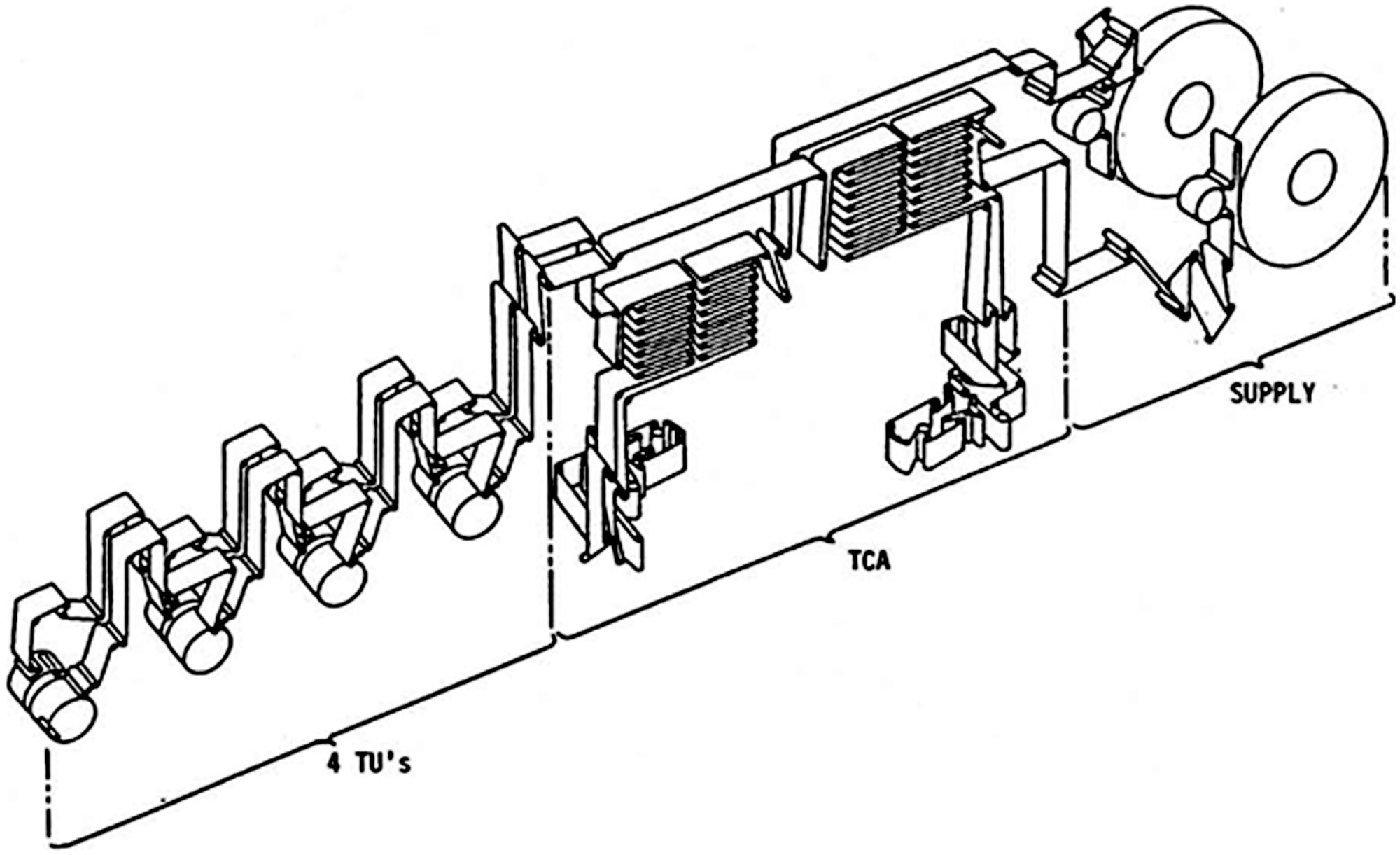 This drawing shows the extremely complex path of HEXAGON KH-9 main camera film. It ran through more than 100 rollers and precision “air bar” assemblies where it floated on a cushion of gas. The feed reels are on the right, and the four return capsules are on the left, with the cameras in the middle. Film moved at up to 200 inches per second inside the airtight, light-tight, pressurized, climate-controlled film path. (Photo courtesy of National Reconnaissance Office)