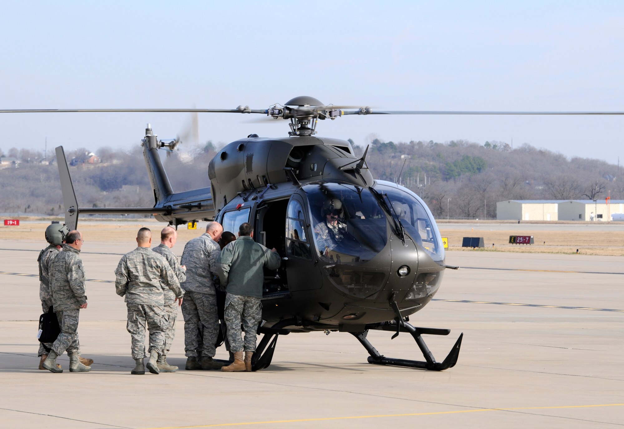 Lt. Gen. Harry M. Wyatt III, Director of the Air National Guard, visited the 188th Fighter Wing Jan. 18. Wyatt met with 188th leaders and officials with the City of Fort Smith during his visit. Wyatt also was able to gauge the 188th’s capabilities and assets during a helicopter flight over Ebbing Air National Guard Base and Fort Chaffee Maneuver Training Center, where the 188th’s Detachment 1 Razorback Range is located. Wyatt was able to observe an exercise at Razorback Range involving the 188th’s A-10C Thunderbolt II “Warthogs” and the 188th Security Forces Squadron. (National Guard photo by Senior Master Sgt. Dennis Brambl/188th Fighter Wing Public Affairs)