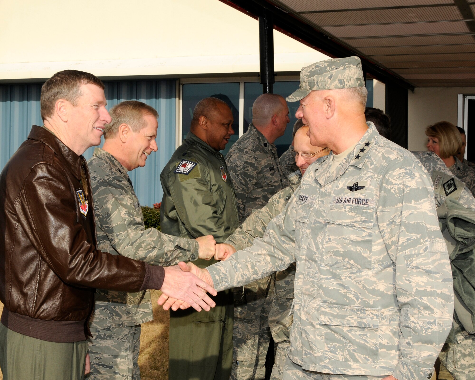 Lt. Gen. Harry M. Wyatt III, Director of the Air National Guard, right, shakes hands with Col. Mark Anderson, 188th Fighter Wing vice commander. Wyatt visited the 188th Jan. 18 and met with unit and Arkansas National Guard leaders as well as officials with the City of Fort Smith. Wyatt also was able to gauge the 188th’s capabilities and assets during a helicopter flight over Ebbing Air National Guard Base and Fort Chaffee Maneuver Training Center, where the 188th’s Detachment 1 Razorback Range is located. Wyatt was able to observe an exercise at Razorback Range involving the 188th’s A-10C Thunderbolt II “Warthogs” and the 188th Security Forces Squadron. (National Guard photo by Senior Master Sgt. Dennis Brambl/188th Fighter Wing Public Affairs)