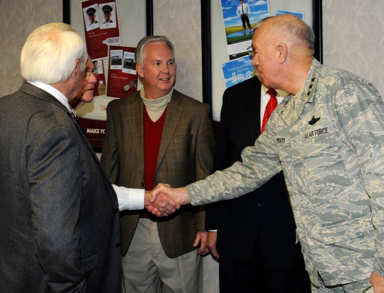 Lt. Gen. Harry M. Wyatt III, Director of the Air National Guard, right, visits with leaders from the City of Fort Smith. Wyatt visited the 188th Jan. 18 and met with unit and Arkansas National Guard leaders as well as city officials. Wyatt also was able to gauge the 188th’s capabilities and assets during a helicopter flight over Ebbing Air National Guard Base and Fort Chaffee Maneuver Training Center, where the 188th’s Detachment 1 Razorback Range is located. Wyatt was able to observe an exercise at Razorback Range involving the 188th’s A-10C Thunderbolt II “Warthogs” and the 188th Security Forces Squadron. (National Guard photo by Senior Master Sgt. Dennis Brambl/188th Fighter Wing Public Affairs)