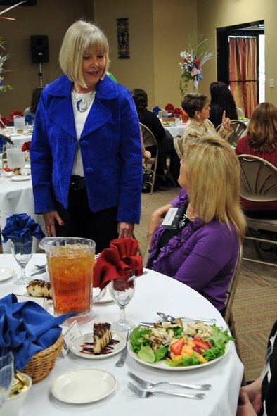 Suzie Schwartz, wife of Air Force Chief of Staff Gen. Norton Schwartz, speaks with spouses during a luncheon at Moody Air Force Base, Ga., Jan. 18, 2012. During her visit, Schwartz met with spouses of commanders and chiefs to better understand programs available through the Moody Key Spouse organization.  She also encouraged spouses to be involved on base and within the community. (U.S. Air Force photo by Airman 1st Class Olivia Dominique/Released)
