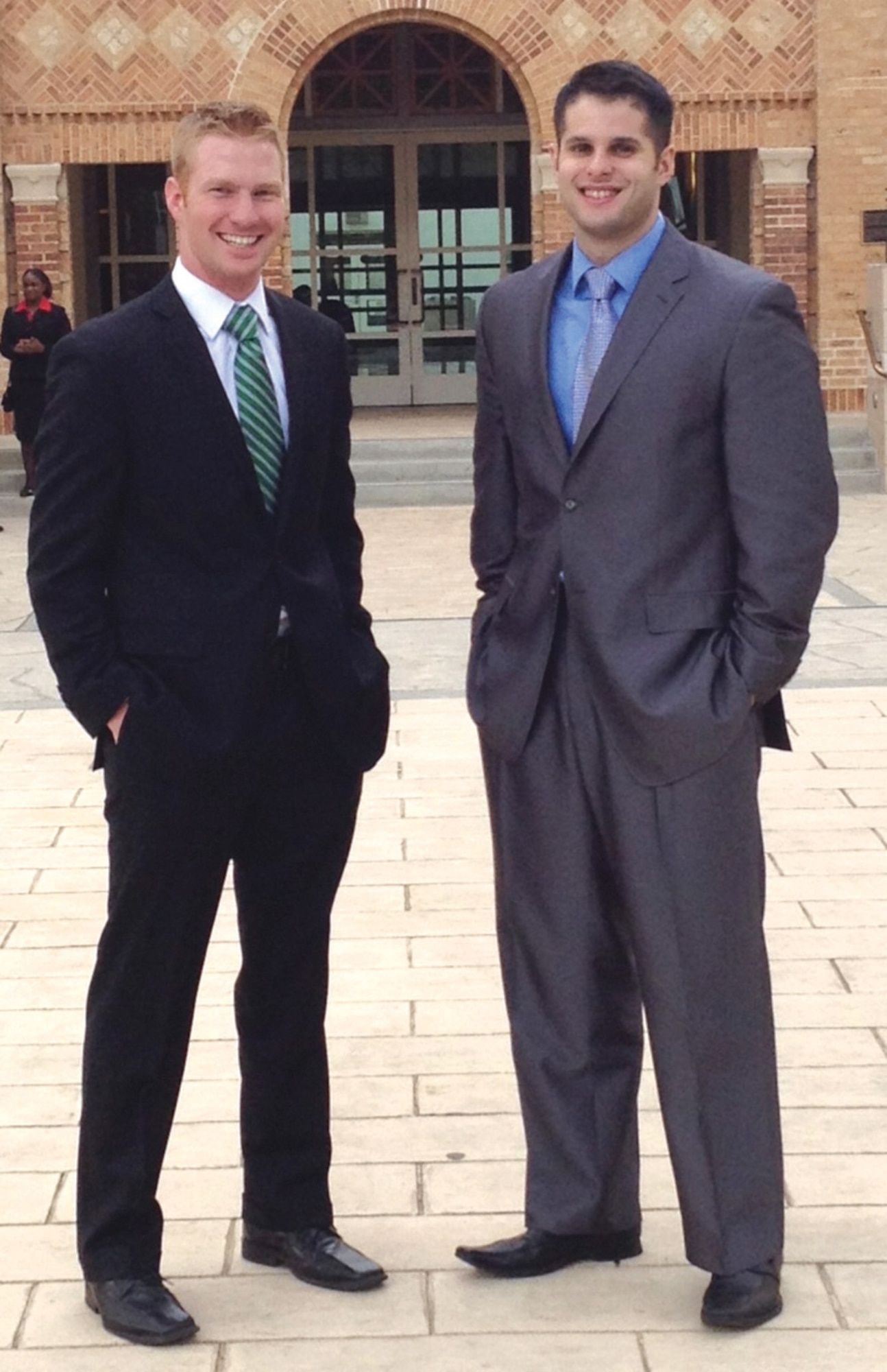 Cadets 1st Class Zack Crippen, left, and Paulo Dutra pose at Chapman University Jan. 14 at the American Collegiate Moot Court Association national tournament. (U.S. Air Force Photo)