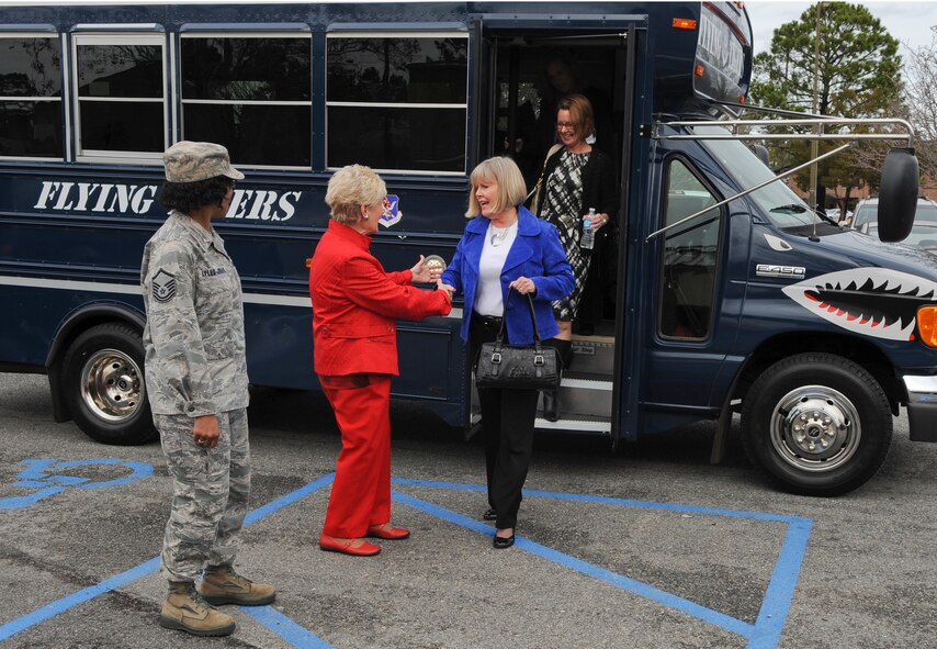 Suzie Schwartz, wife of Air Force Chief of Staff Gen. Norton Schwartz, is greeted by Dr. Lucy Greene, Moody Support Committee, and Master Sgt. Cynthia Lyles-Jordan, 23d Wing command section superintendent, during a visit at Moody Air Force Base, Ga., Jan. 18, 2012. During her visit, Schwartz received a tour of the base and met with spouses of commanders and chiefs to better understand programs available through the Moody Key Spouse organization. She also encouraged spouses to be involved on base and within the community. (U.S. Air Force photo by Airman 1st Class Olivia Dominique/Released)