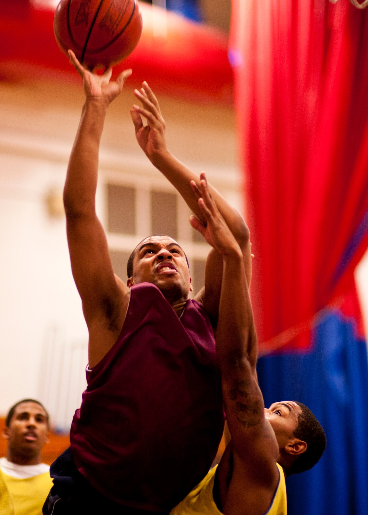 Dion Baynard, of the 96th Logistics Readiness Squadron team, takes a jump shot in the paint during the base intramural championship game against the 96th Force Support Squadron at Eglin Air Force Base, Fla., Jan. 19.  FSS defeated the defending champion LRS team 54-45 in a close game.  FSS’s explosion of points in the final four minutes sealed the game.  (U.S. Air Force photo/Samuel King Jr.)