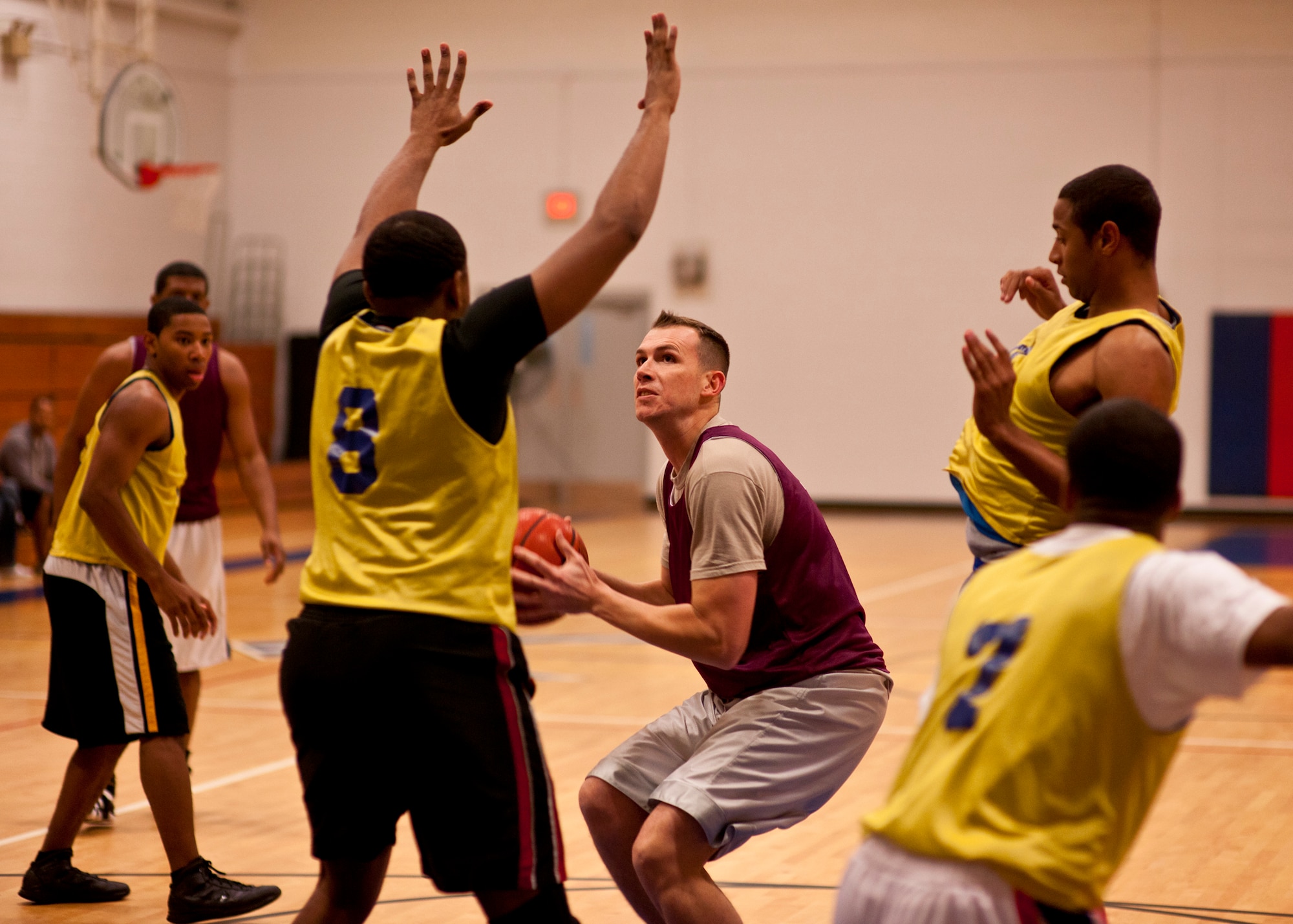 David Garcia, of the 96th Logistics Readiness Squadron team, looks for room to take a jump shot during the base intramural championship game against the 96th Force Support Squadron at Eglin Air Force Base, Fla., Jan. 19.  FSS defeated the defending champion LRS team 54-45 in a close game.  FSS’s explosion of points in the final four minutes sealed the game.  (U.S. Air Force photo/Samuel King Jr.)