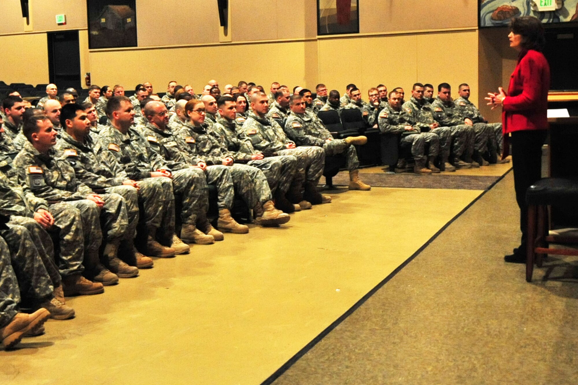Soldiers from Joint Base Elmendorf-Richardson listen to Sen. Lisa Murkowski during a town hall meeting Tuesday. Murkowski answered questions from Soldiers ranging from pay benefits, budget cuts and reduction of force structure, retirement, healthcare, education and housing.  (U.S. Air Force photo/Staff Sgt. Sheila deVera)