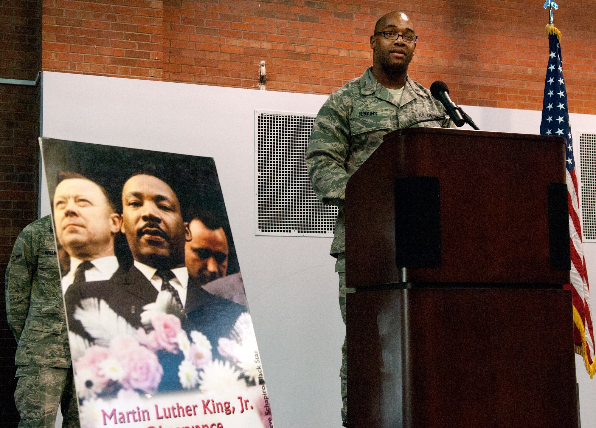 Second Lt. Kenneth Jenkins, 321st Missile Squadron, speaks during the F. E. Warren Air Force Base Dr. Martin Luther King, Jr., Luncheon Jan. 13. (U.S. Air Force photo by R.J. Oriez)
