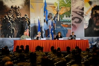 Lt. Gen. David Fadok (left),  Air University Commander and President was moderator of the educational panel during the Air Education and Training Command 2012 Symposium held in San Antonio, Texas January 12 - 13.  Other panel members from (l) are Dr. Diana Oblinger, president and CEO of EDUCAUSE; Dr. Susan Aldridge, president of University of Maryland University College, and Brig. Gen. Dana Born dean of the faculty  at U. S. Air Force Academy.  (U.S. Air Force photo by Don Lindsey)
