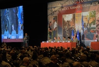 Retired Lt. Gen. John D. Hopper Jr., 2012 Air Education Training Command Symposium and  Banquet master of ceremonies, introduces the general officer panel during the  Air Education Training Command Symposium San Antonio, Texas.  Some 3,000 people were in attendance at this year's symposium.  (U.S. Air Force photo by Don Lindsey)