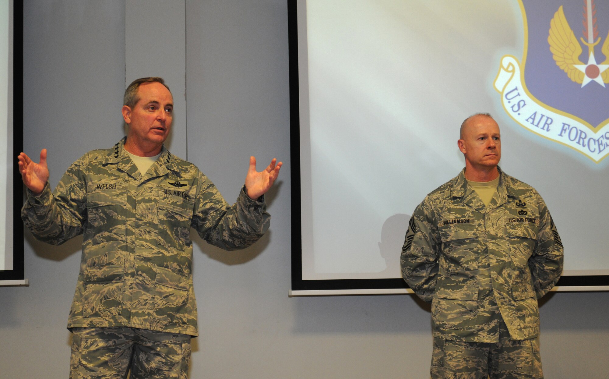 ROYAL AIR FORCE LAKENHEATH, England - Gen. Mark A. Welsh III, U. S. Air Forces in Europe commander, and Chief Master Sgt. David W. Williamson, USAFE command chief, speak to RAF Lakenheath's officers during a visit, Jan. 18, 2012. Welsh and Williamson visited RAF Lakenheath to express their gratitude for the hard work and dedication of the Liberty warriors and to explain upcoming changes in today's Air Force.  (U.S. Air Force photo by Airman 1st Class Cory D. Payne)