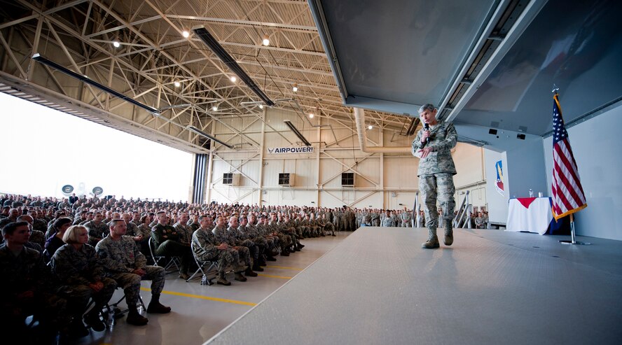 Air Force Chief of Staff Gen. Norton Schwartz addresses Airmen of Moody Air Force Base, Ga., during an all-call Jan. 18, 2012. Schwartz thanked Team Moody Airmen for their dedication to the mission and spoke on current Air Force priorities. (U.S. Air Force photo by Staff Sgt. Jamal D. Sutter/Released) 