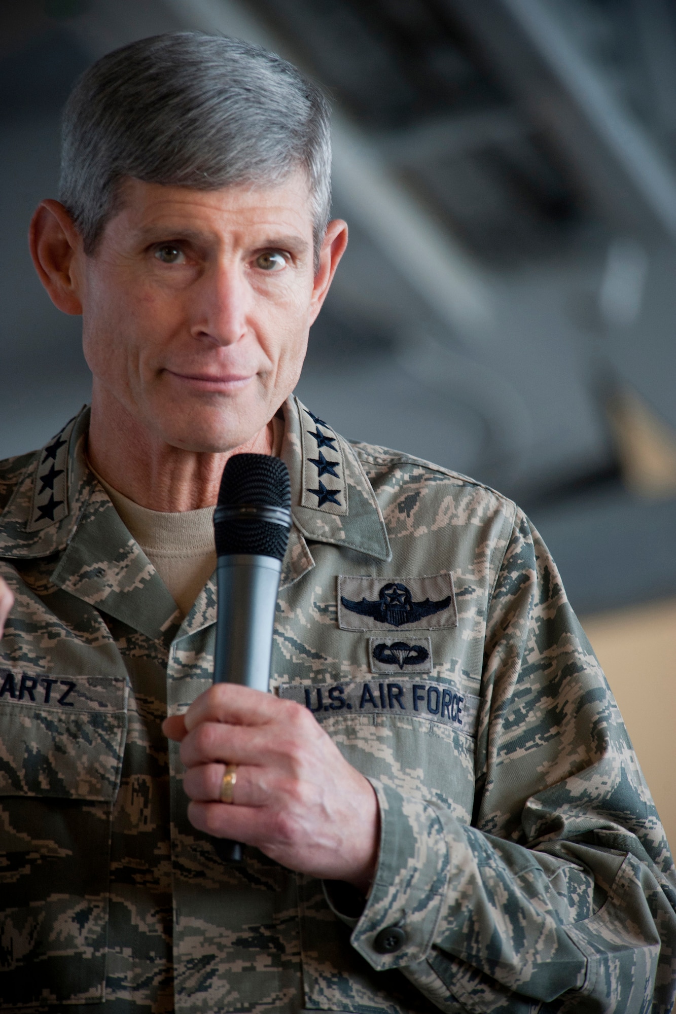 Air Force Chief of Staff Gen. Norton Schwartz addresses Airmen of Moody Air Force Base, Ga., during an all-call Jan. 18, 2012. During the address, Schwartz spoke on current Air Force priorities including budget, force management, air expeditionary force rotations and suicide prevention. (U.S. Air Force photo by Staff Sgt. Jamal D. Sutter/Released)