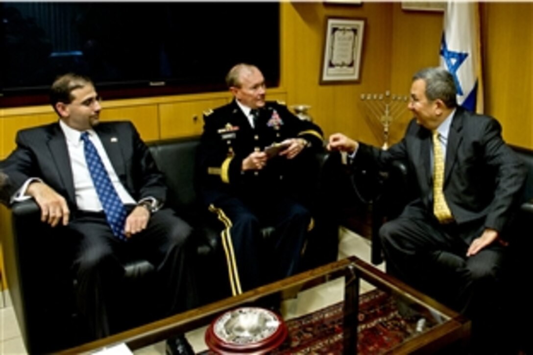 U.S. Ambassador to Israel Daniel B. Shapiro and U.S. Army Gen. Martin E. Dempsey, chairman of the Joint Chiefs of Staff, meet with Israeli Defense Minister Ehud Barak at the Rabin military base in Tel Aviv, Israel, Jan. 20, 2012.