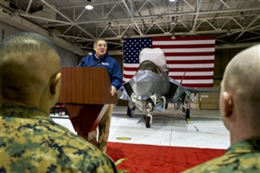 Defense Secretary Leon E. Panetta speaks to military members and civilian workers at the Joint Strike Fighter hangar at Naval Air Station Patuxent River, Md., Jan. 20, 2012. Panetta toured several facilities related to the F-35 Joint Strike Fighter, which is in its test phases at the base.