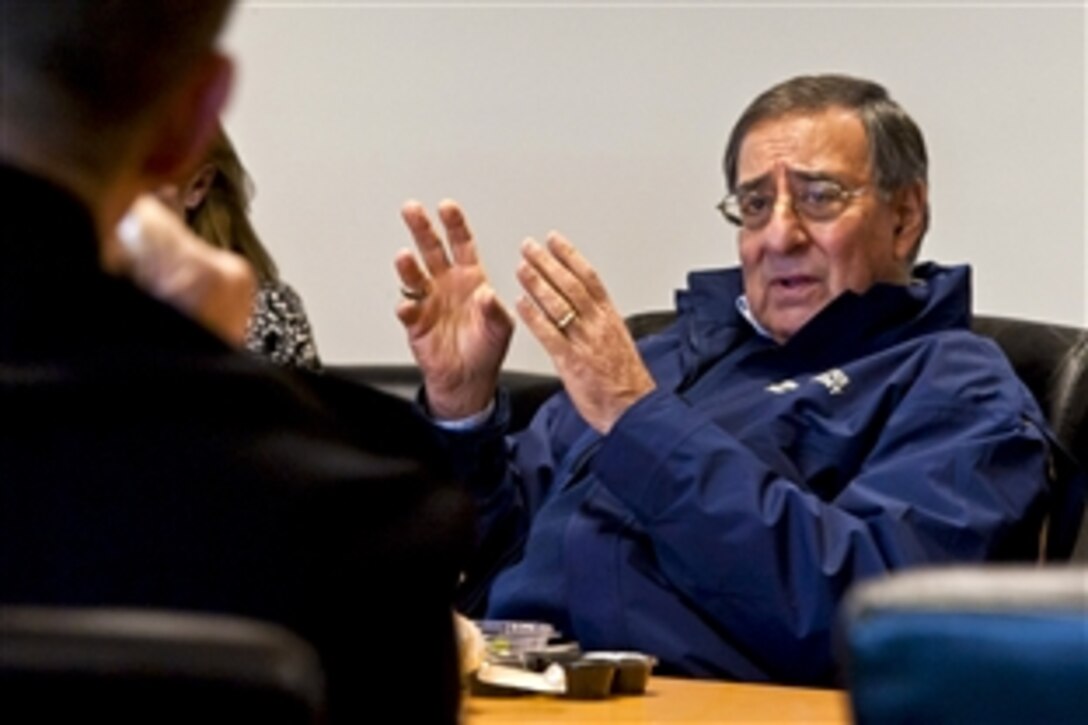 Defense Secretary Leon E. Panetta receives a brief on Naval Air Station Patuxent River, Md., Jan. 20, 2012. Panetta toured several facilities related to the F-35 Joint Strike Fighter, which is in its test phases on the base.