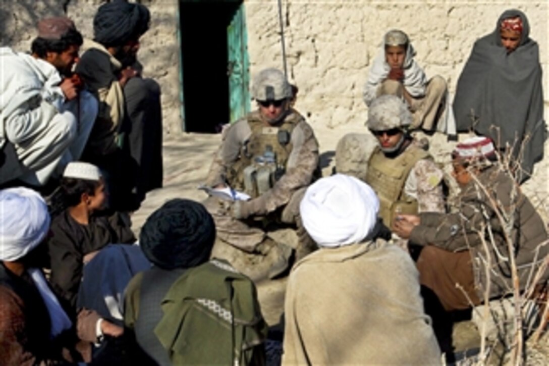 U.S. Marine Corps Cpl. Jacob Marler talks with villagers about their crops, animals and irrigation in Sangin, Afghanistan, on Jan. 17, 2012.  Marter is a squad leader assigned to India Company, 3rd Battalion, 7th Marine Regiment.  Marines from this unit maintain a good relationship with the villagers by conducting security patrols with Afghan soldiers.  