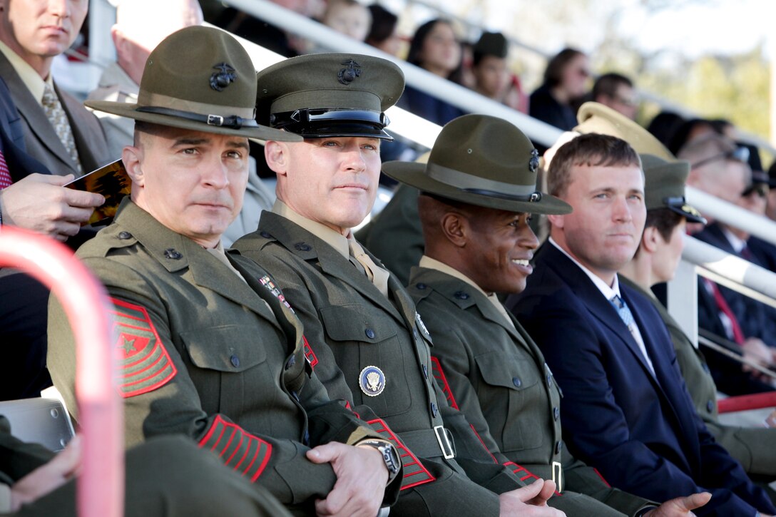 From left to right: Sgt. Maj. Gary Buck, Sergeant Major of Eastern Recruiting Region and Marine Corps Recruit Depot Parris Island, S.C.; Sgt. Maj. Micheal P. Barrett, 17th Sergeant Major of the Marine Corps; Sgt. Maj. James K. Porterfield, Sergeant Major of Recruit Training Regiment; and Medal of Honor Recipient Sgt. Dakota Meyer.