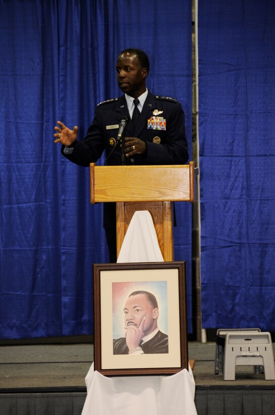 Gen. Rice speaks to an audience of more than 600 people about potential and opportunities. The theme to this year's MLK breakfast was "Better Than Your Best". (U.S. Air Force Photo Frank Carter)