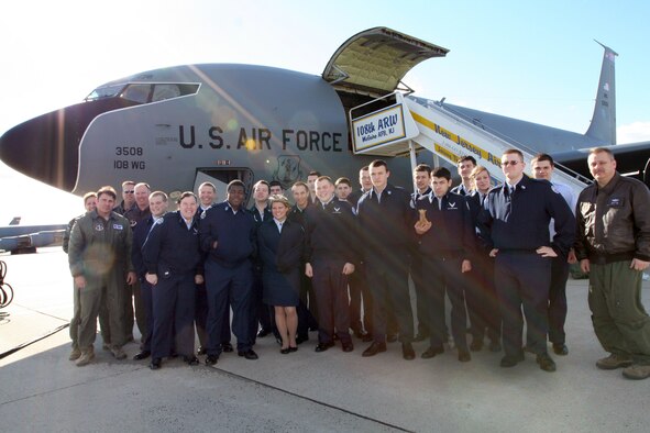Cadets from Southern Regional High School's Air Force Junior ROTC program in Manahawkin, N.J., pose in front of a KC-135 Stratotanker from the 108th Wing's fleet at Joint Base McGuire-Dix-Lakehurst Jan. 18. The cadets were given an opportunity to view a refueling mission by the KC-135 during an orientation flight hosted by the 108th Wing's public affairs office. (U.S. Air Force photo by Staff Sgt. Armando Vasquez, 108th WG/PA)