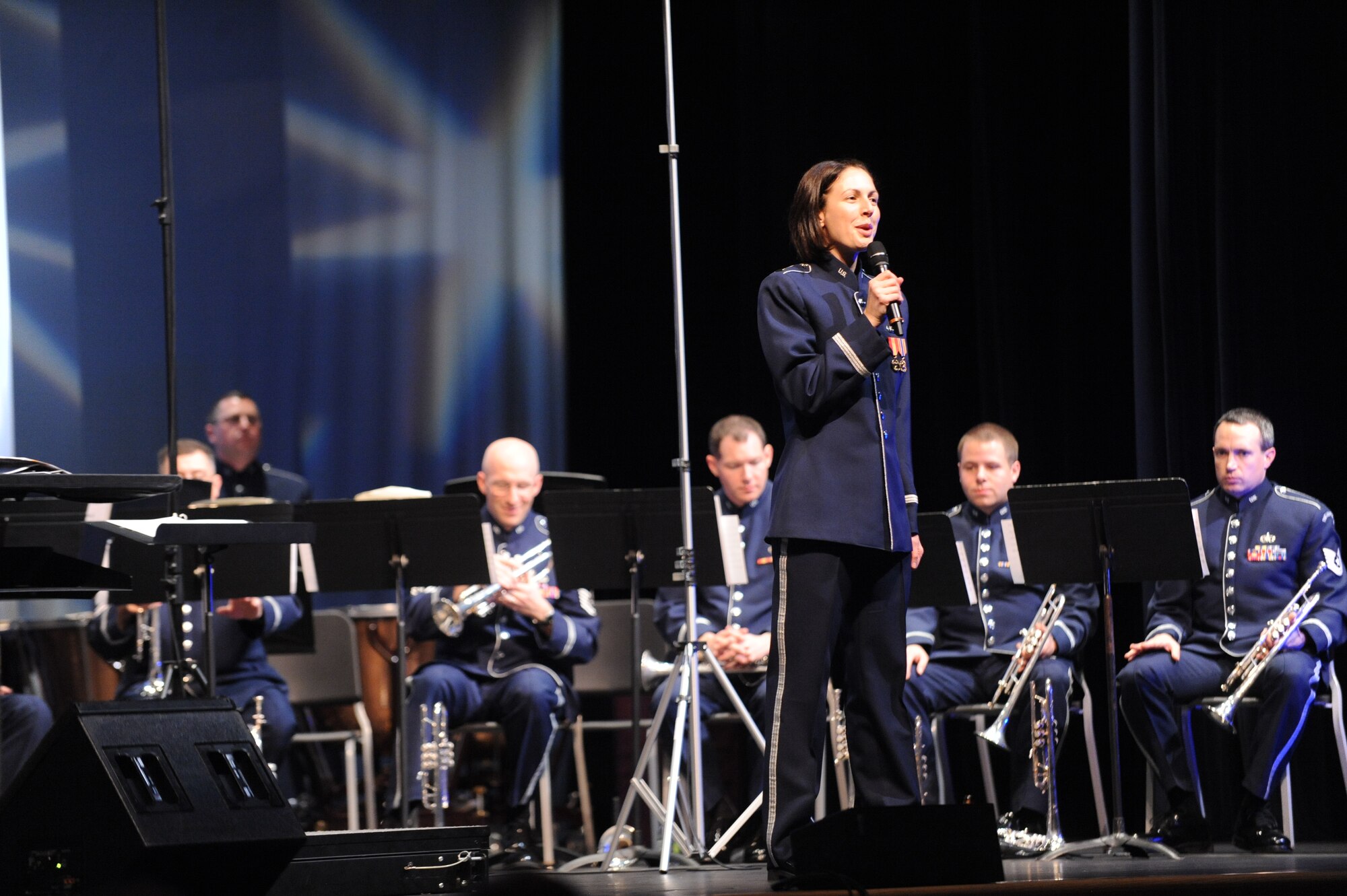 U.S. Air Force 2nd Lt. Shanti Nolan, a conductor with the U.S. Air Force Band Ceremonial Brass and a native of Vero Beach, Fla., talks to the crowd during a conceart by the Ceremonial Brass Jan. 12, 2012, in Wesley Chapel, Fla.  Nolan, the newest member of the U.S. Air Force Band, is leading the Ceremonial Brass is on their first American concert tour, playing at a dozen venues throughout Florida.  U.S. Air Force photo by Master Sgt. Adam M. Stump/Released.