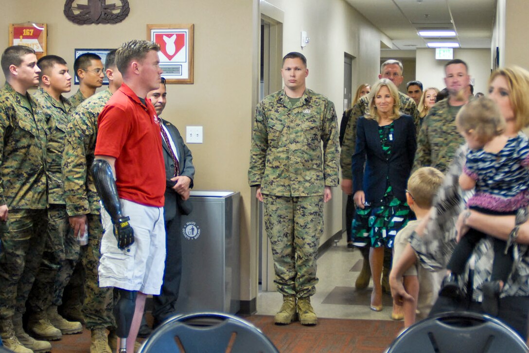 Dr. Jill Biden, wife of Vice President Joe Biden, arrives at the 1st Marine Logistics Group’s explosive ordnance disposal unit to meet with troops and their families during a trip to Camp Pendleton, Calif., Jan. 20, 2012.
