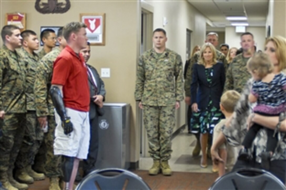 Dr. Jill Biden, wife of Vice President Joe Biden, arrives at the 1st Marine Logistics Group’s explosive ordnance disposal unit to meet with troops and their families during a trip to Camp Pendleton, Calif., Jan. 20, 2012.