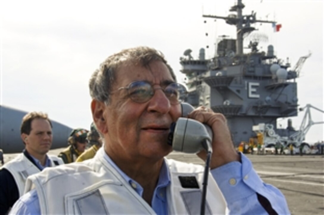 Defense Secretary Leon E. Panetta speaks to pilots during flight operations aboard the the aircraft carrier USS Enterprise in the Atlantic Ocean, Jan. 21, 2012. The Enterprise Carrier Strike Group is conducting a composite training unit exercise.