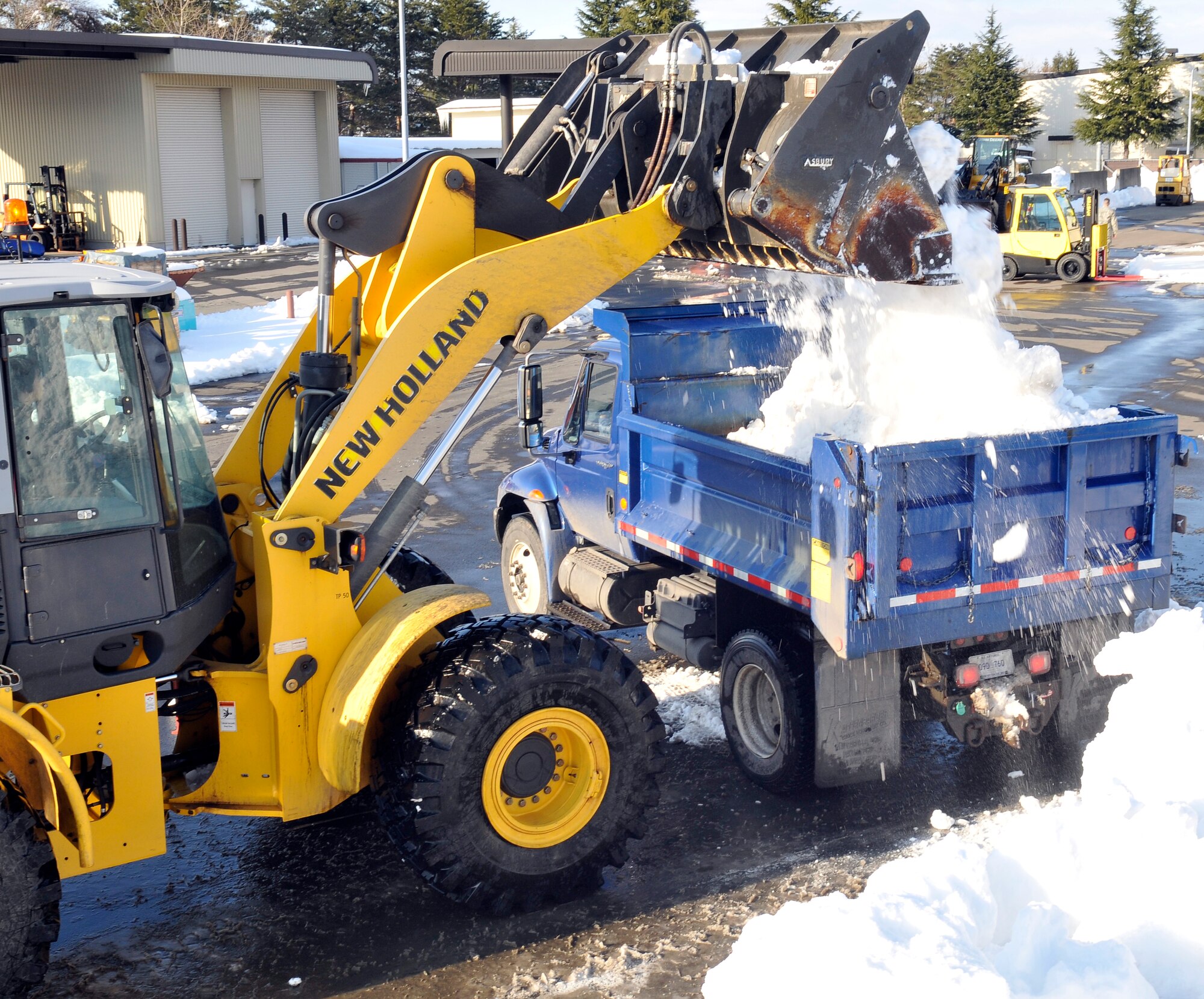 MISAWA AIR BASE, Japan – A frontend loader fills the bed of a 10-ton truck in an effort to clear a parking lot Jan. 19. The 35th Civil Engineer Squadron’s Snow Control Shop operates three shifts, keeping the snow removal process moving around-the-clock. (U.S. Air Force photo by Tech. Sgt. Phillip Butterfield) 