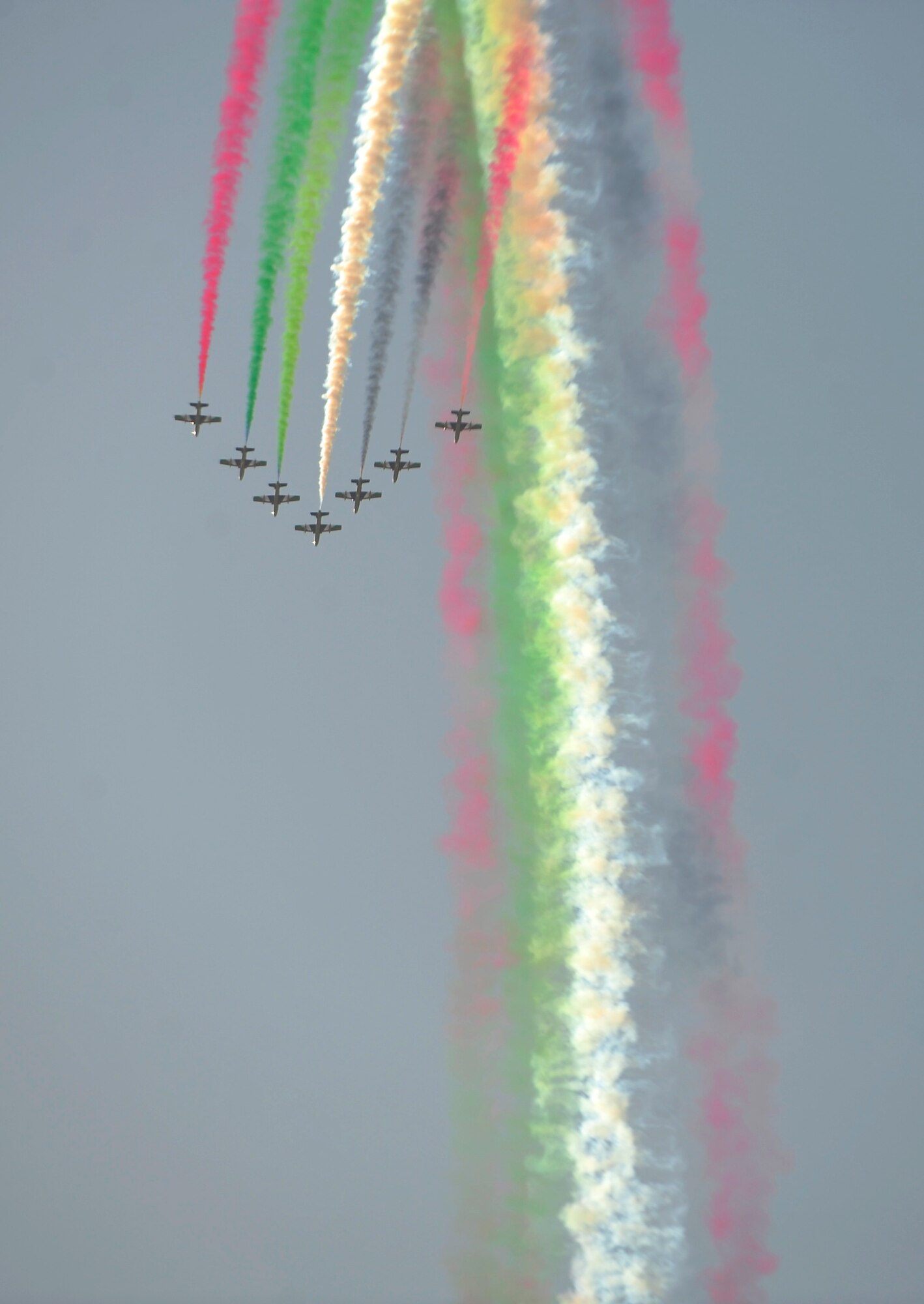 The United Arab Emirates Al Fursan display team performs during the Bahrain International Airshow 2012 at Shakir Air Base, Bahrain Jan. 19, 2012. This event strengthens partnerships in the region and allows the United States and coalition and partner nations, work together to promote security, stability and mutual interests in the region. The U.S. Air Force showcased a variety of military aircraft through static displays, including the C-17 Globemaster III, C-130H Hercules, and F-15E Strike Eagle. Additionally, a large number of aircrew and support personnel from bases in Southwest Asia, Europe, and the United States were available to answer questions about the aircraft technology and capabilities. (U.S. Air Force photo by Staff Sgt. Andy M. Kin) 