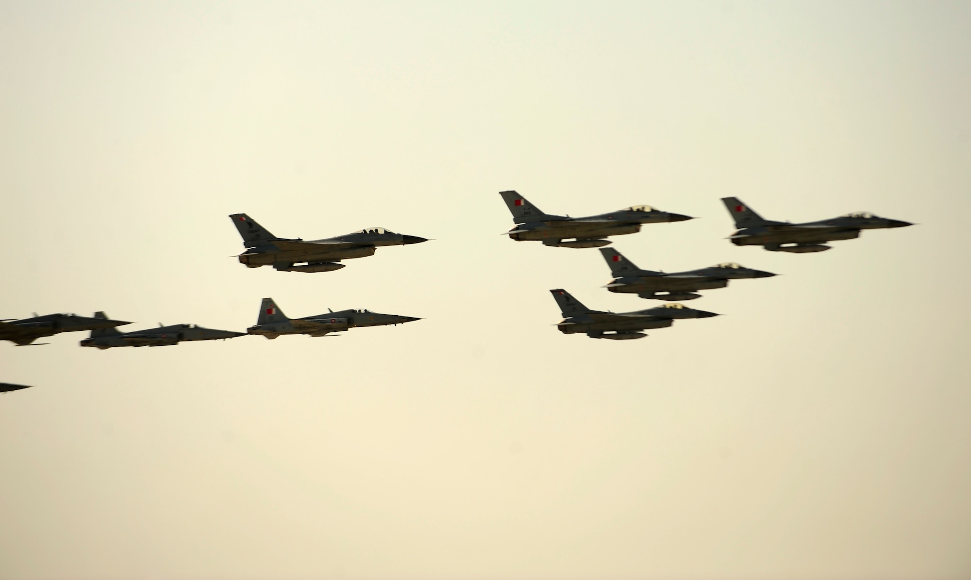 The Royal Bahrain air force F-16 Fighting Falcons fly during the Bahrain International Airshow 2012 at Shakir Air Base, Bahrain Jan. 19, 2012. This event strengthens partnerships in the region and allows the United States and coalition and partner nations, work together to promote security, stability and mutual interests in the region. The U.S. Air Force showcased a variety of military aircraft through static displays, including the C-17 Globemaster III, C-130H Hercules, and F-15E Strike Eagle. Additionally, a large number of aircrew and support personnel from bases in Southwest Asia, Europe, and the United States were available to answer questions about the aircraft technology and capabilities. (U.S. Air Force photo by Staff Sgt. Andy M. Kin)   
