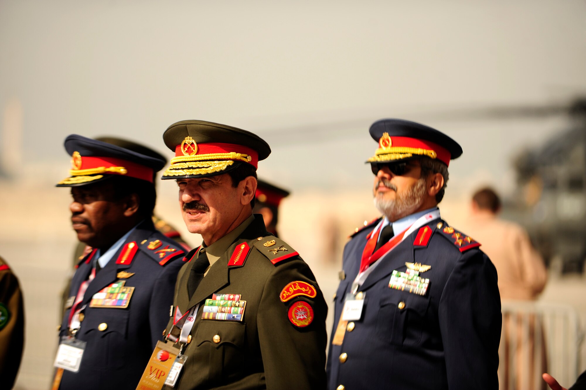 Military leaders from all over the world participate in the Bahrain International Airshow 2012 at Shakir Air Base, Bahrain Jan. 19, 2012. This event strengthens partnerships in the region and allows the United States and coalition and partner nations, work together to promote security, stability and mutual interests in the region. The U.S. Air Force showcased a variety of military aircraft through static displays, including the C-17 Globemaster III, C-130H Hercules, and F-15E Strike Eagle. Additionally, a large number of aircrew and support personnel from bases in Southwest Asia, Europe, and the United States were available to answer questions about the aircraft technology and capabilities. (U.S. Air Force photo by Staff Sgt. Andy M. Kin)  