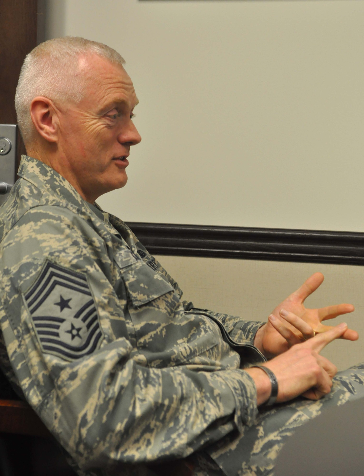 Chief Master Sgt. Richard Kaiser, Air Mobility Command command chief, discusses multiple topics during an interview Jan. 21, 2012, at Joint Base Lewis-McChord, Wash. (U.S. Air Force photo/Tech. Sgt. Oshawn Jefferson)