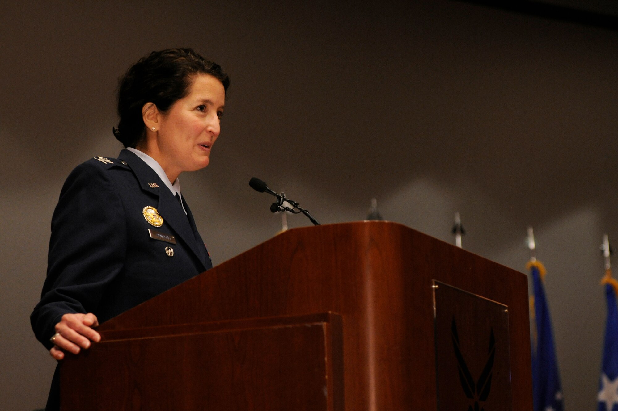VANDENBERG AIR FORCE BASE, Calif. -- Col. Nina Armagno, the 30th Space Wing commander, speaks during the 30th SW change of command ceremony at the base theater Monday, Jan. 23, 2012. Armagno assumed command from Col. Richard Boltz upon his selection for reassignment to U.S. Strategic Command where he will serve as the battle watch commander in the Global Operations Center at Offutt Air Force Base, Neb. (U.S. Air Force photo/Staff Sgt. Levi Riendeau)