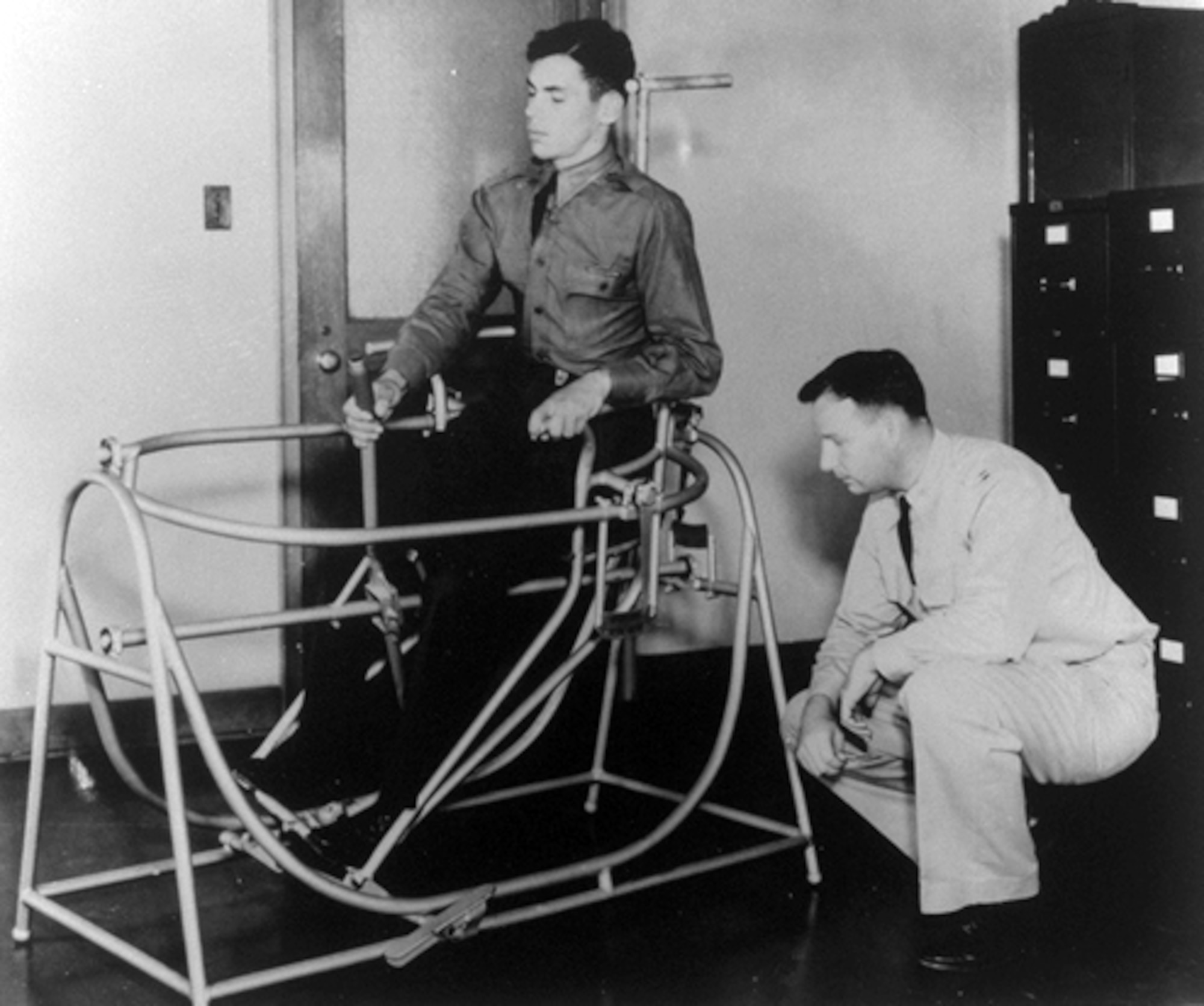 1959 -- To study equilibrium, specialists at the School of Aviation Medicine, Randolph Field, Texas, used the blueprints of Danish inventors to build this Danish Balancing Chair. (Courtesy photo)