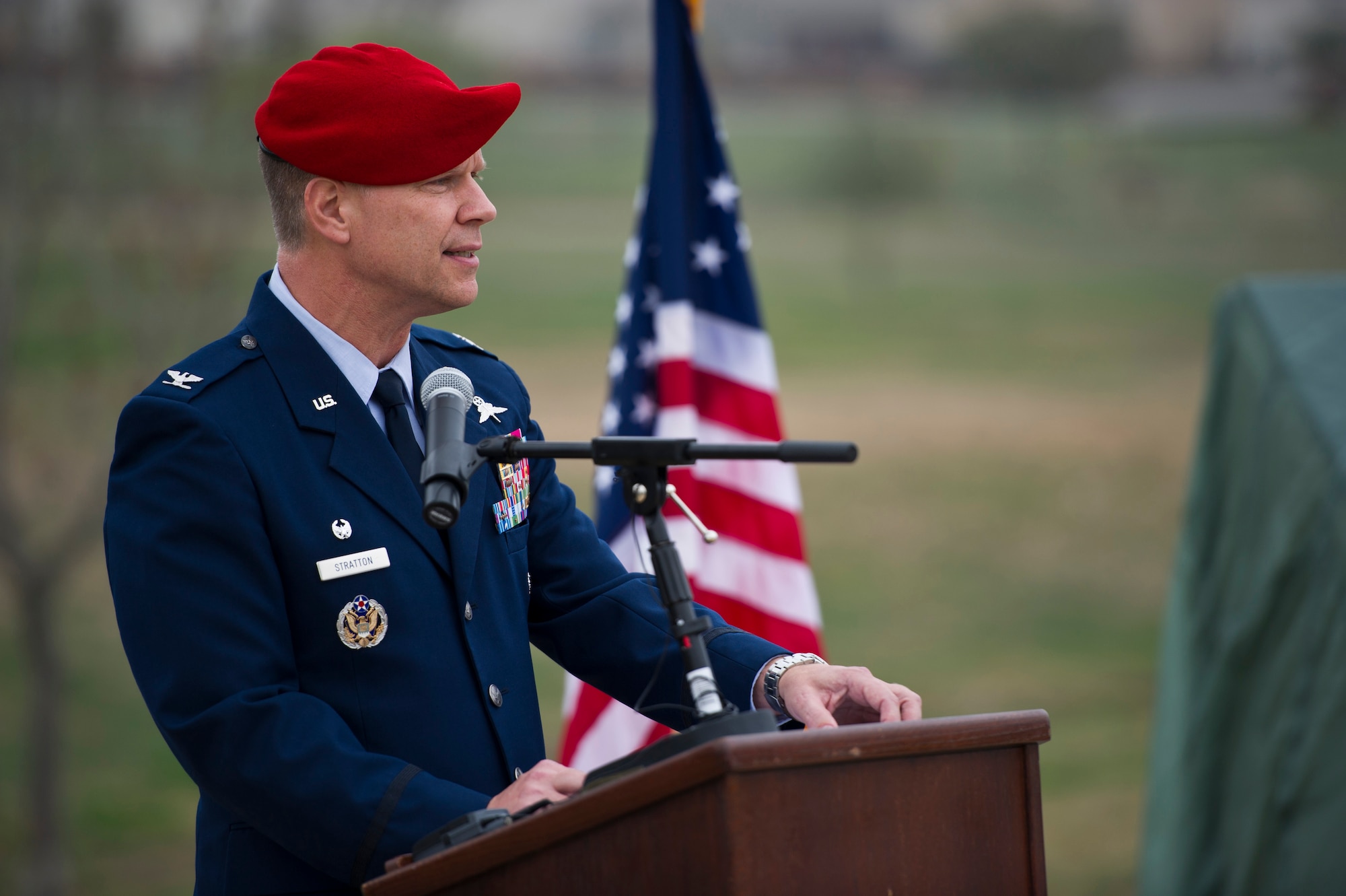 Col. Marc Stratton, Inter-American Air Forces Academy, commandant, speaks during a memorial unveiling ceremony, Jan. 20, 2012, Medina Annex, Lackland Air Force Base, San Antonio, Texas. The ceremony was held in honor of Staff Sgt. Scott D. Sather. Sather was the United States Air Force???s first combat casualty during Operation Iraqi Freedom. Sather, a combat controller, was assigned to the 24th Special Tactics Squadron, Pope Air Force Base, NC.  The memorial was created to honor Sather???s leadership and bravery. (U.S. Air Force photo by Senior Airman Marleah Miller)