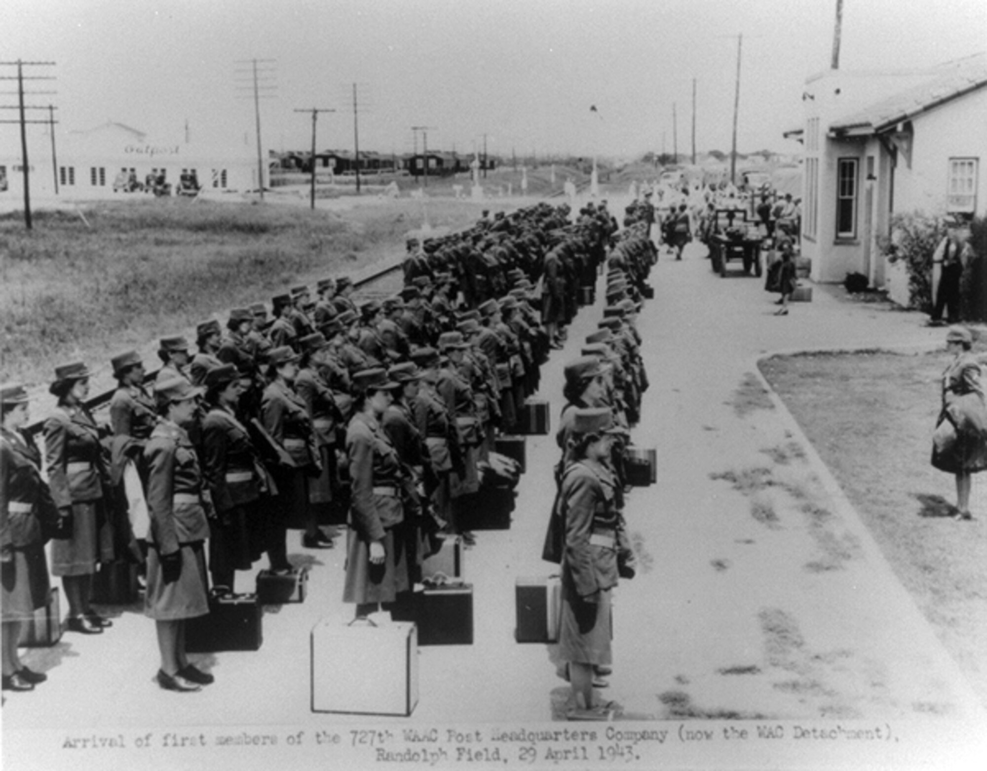 1942 -- Congress created the Women's Army Auxillary Corps. Members fo the WAAC primarily filled clerical positions, releasing men for combat duty. Pictured above are members of the WAAC contingent to arrive at Randolph Field. In September 1943, the WAAC was replaced by the Women's Army Corps. The WAC remained in existence until June 12, 1948, when congress passed the Armed Service Integration Act, and Women in the Air Force became a permanent designation. By the mid-1970s, the Air Force stopped using the WAF and  began referring to both men and women as "Airmen." (Courtesy photo)