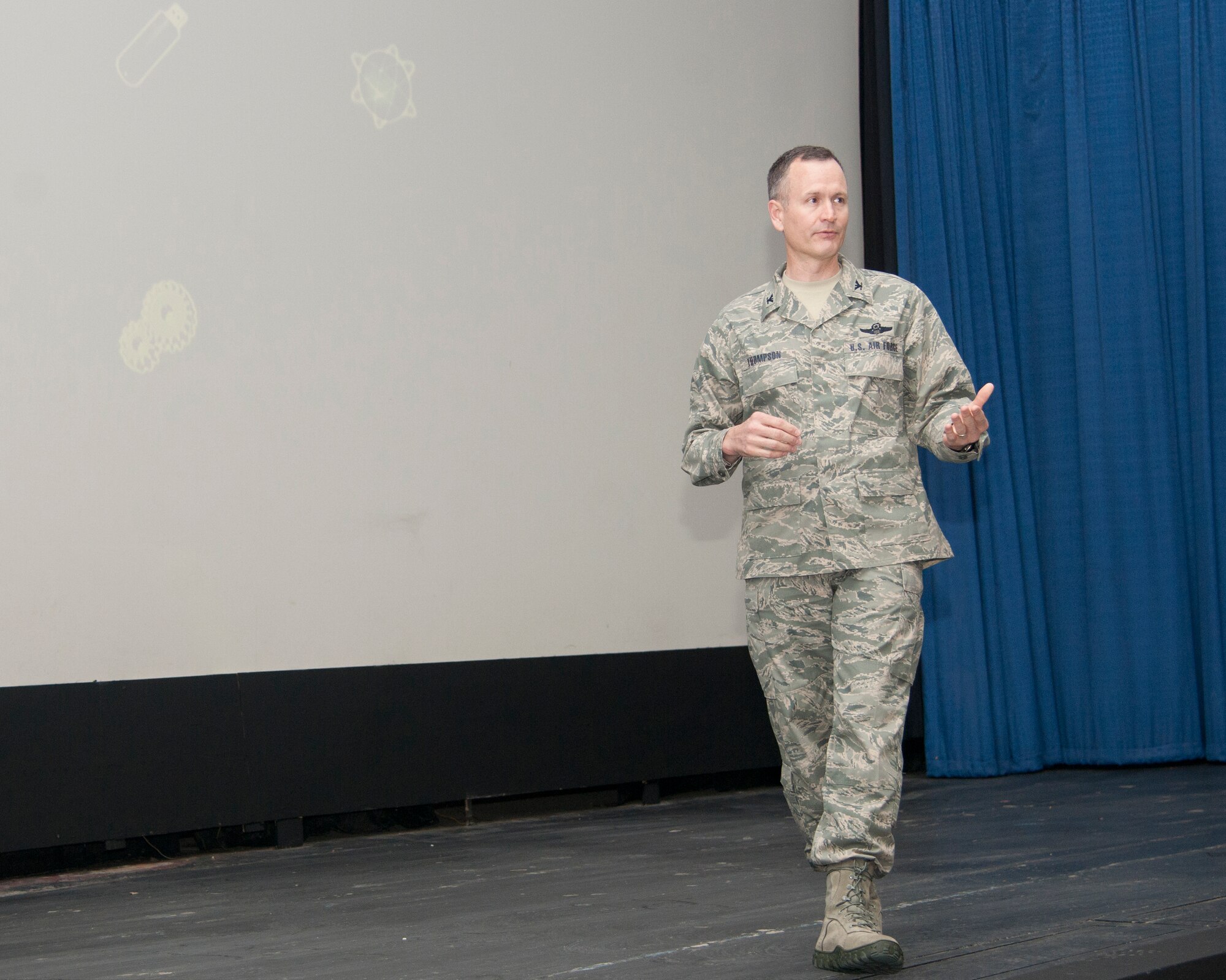 U.S. Air Force Col. Billy Thompson, 23rd Wing commander speaks at the commander’s call at Moody Air Force Base, Ga., Jan. 20, 2012. Thompson spoke about resiliency and thanked Team Moody for their hard work and what they do on a daily basis.  (U.S. Air Force photo by Airman 1st Class Paul Francis/Released)