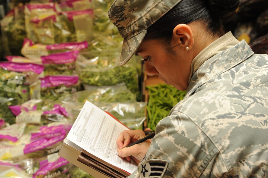 Senior Airman Sara Moreno takes notes after inspecting produce at the base commissary on Seymour Johnson Air Force Base, N.C., Jan. 18, 2012. Public health technicians search for spoilage, bugs and potentially hazardous practices that could harm consumers. Moreno files a written report after her inspection to provide awareness to the managers and fellow inspectors of her findings. Moreno is a 4th Medical Group public health technician from Mountain Home, Idaho. (U.S. Air Force photo/Senior Airman Whitney Stanfield)