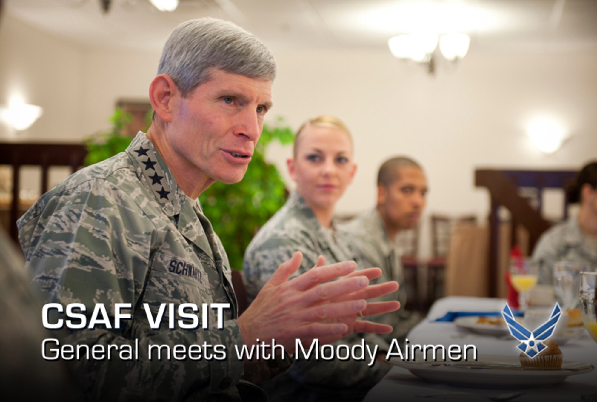 Air Force Chief of Staff Gen. Norton Schwartz speaks with Airmen during breakfast at the Georgia Pines Dining Facility at Moody Air Force Base, Ga., Jan. 18, 2012. Schwartz answered questions about career progression, changes in education benefits and the U.S. military’s departure from Iraq. He also commented on resiliency in the Air Force and programs available to help Airmen manage challenges. (U.S. Air Force photo by Staff Sgt. Jamal D. Sutter/Released)