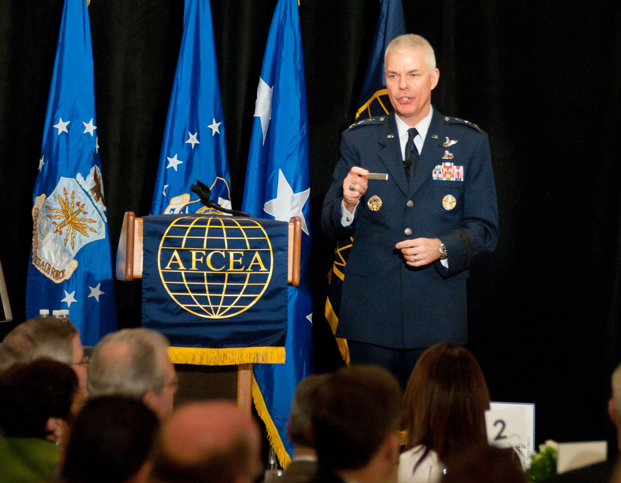 Electronic Systems Center Commander Lt. Gen. CR Davis presents his 'State of ESC 2012' briefing on Jan. 19 at the Newton Marriott in Newton, Mass. Davis highlighted the upcoming Center transition and transformation, including challenges. Mentioning the Defense Strategic Guidance, he said ESC has to ensure it is structured to meet the challenges presented by the President and Secretary of Defense.   (U.S. Air Force photo by Rick Berry)
