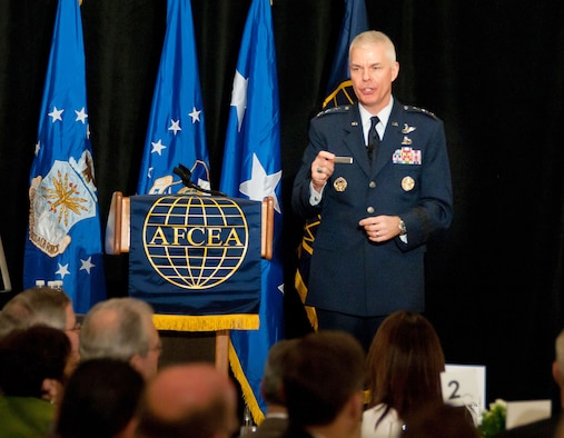 Electronic Systems Center Commander Lt. Gen. CR Davis presents his 'State of ESC 2012' briefing on Jan. 19 at the Newton Marriott in Newton, Mass. Davis highlighted the upcoming Center transition and transformation, including challenges. Mentioning the Defense Strategic Guidance, he said ESC has to ensure it is structured to meet the challenges presented by the President and Secretary of Defense.   (U.S. Air Force photo by Rick Berry)
