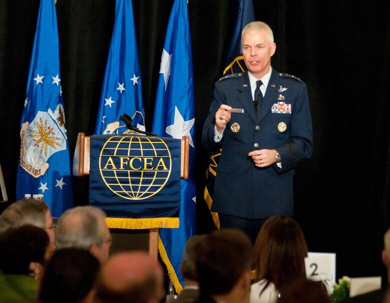 Electronic Systems Center Commander Lt. Gen. CR Davis presents his 'State of ESC 2012' briefing on Jan. 19 at the Newton Marriott in Newton, Mass. Davis highlighted the upcoming Center transition and transformation, including challenges. Mentioning the Defense Strategic Guidance, he said ESC has to ensure it is structured to meet the challenges presented by the President and Secretary of Defense.   (U.S. Air Force photo by Rick Berry)
