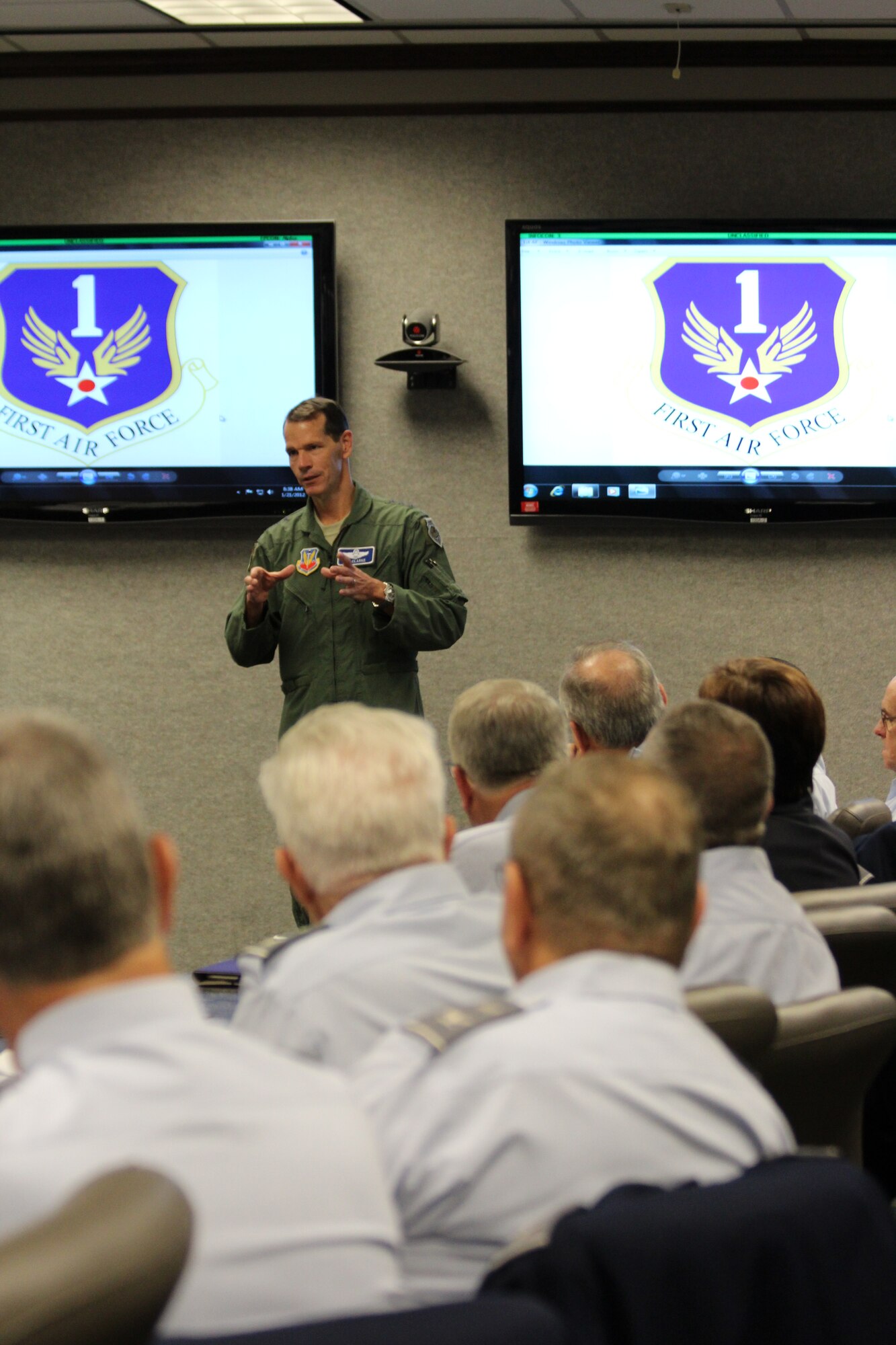 Lt. Gen. Sid Clarke, Continental U.S. NORAD Region-1st Air Force (Air Forces Northern) commander, addresses and thanks members of the Civil Air Patrol’s Southeast Region during their regional conference at Tyndall Air Force Base, Fla., Jan. 21. CAP is a nonprofit, volunteer organization. In its Air Force Auxiliary role, CAP performs 90 percent of continental U.S. inland search and rescue missions as tasked by the AFRCC and was credited with saving 53 lives in 2011. CAP also provides assistance in 1st Air Force’s homeland defense mission. (U.S. Air Force photo by Angela Pope)